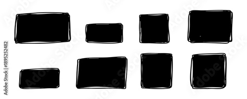 Set of hand-drawn black rectangular and square frames with sketchy outlines. Isolated vector elements for graphic design and text boxes.