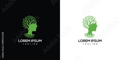 Human head silhouette merged with tree on contrasting backgrounds showcasing eco-friendly concept and creative logo design