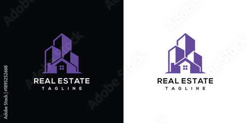 Real estate logo design concept with geometric shapes and tagline on contrasting backgrounds