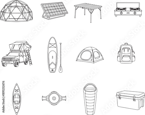 A comprehensive array of outdoor camping and adventure gear essentials presented in sleek line art, inviting exploration and preparedness. 