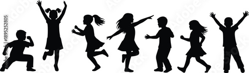 kids playing silhouettes set, happy children running and jumping, playful boys and girls poses, joyful childhood activity, black isolated illustration