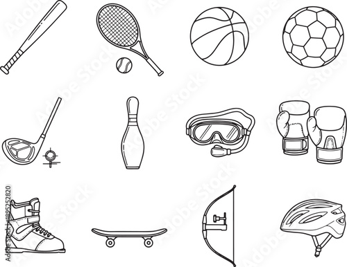 Collection of essential sports equipment illustrations, perfect for any sports-related project. Includes illustrations of sports equipment such as baseball bat, tennis racket, basketball, soccer ball.