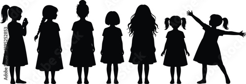 little girl silhouettes collection, kids hairstyle variations, child standing poses set, cute female children characters, black isolated illustration pack