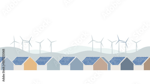 Row of houses with solar panels and wind turbines in background on white renewable energy rooftops