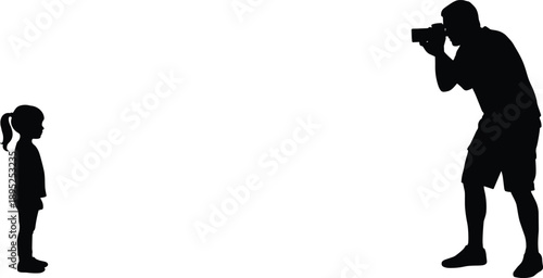 photographer shooting child silhouette, father taking picture, family memory moment, camera lifestyle concept, black isolated people, parenting photography illustration