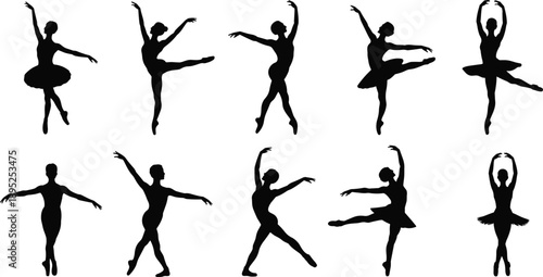 Ballet dancer silhouettes set showing graceful ballerinas performing classical dance movements, elegant poses and artistic choreography, professional stage performance isolated on white background