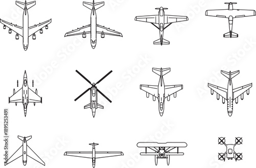 Different aircraft types and forms, seen from above. A graphic illustration showing diverse aircraft forms, evoking a sense of engineering ingenuity and air travel.