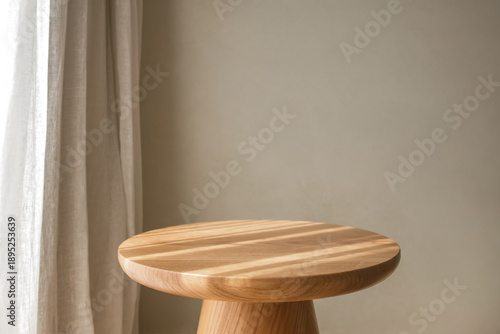 close up of empty wooden table in soft warm interior. minimalist empty room. blank wooden tabletop mock up for product