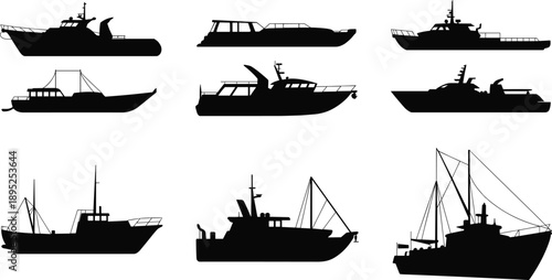 Boat and ship silhouettes set showing fishing vessels, patrol boats and yachts, maritime transport and nautical industry concepts isolated on white background illustration collection
