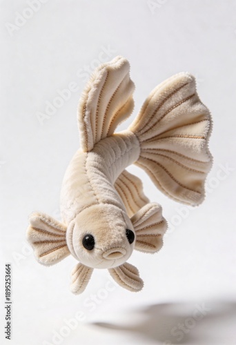 Soft beige plush betta fish toy with large fins and black eyes against a white background