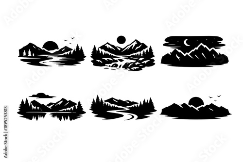 Nature and landscape icon set. Featuring mountains, rivers, forests, lakes, clouds, sun, moon, and scenery.