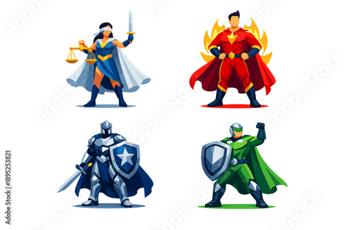 Superhero Icon Set: Justice, Strength, Valor, Power, Adventure, Courage, Heroism, Battle, Shield, Sword, Teamwork, Strategy, Defense, Unity, Honor,