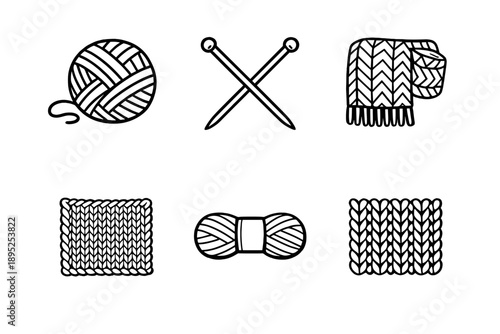 Craft and hobby icon set. Containing yarn, knitting, crochet, pattern, textile, thread, fabric, stitch, project and more.
