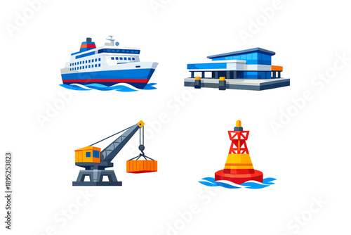 Port and shipping icons set. Including ship, dock, crane, buoy, cargo, vessel, maritime, transport, harbor, freight, logistics, and more.