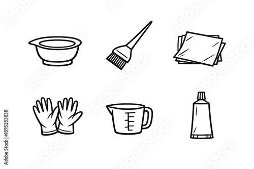 Hairdressing Icon Set. Featuring bowl, brush, gloves, sheets, cup, and tube.