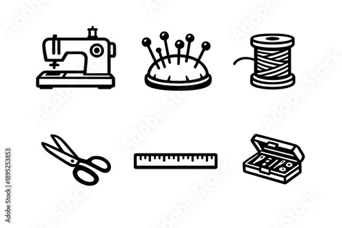 Sewing and Crafting Icon Set. Containing sewing machine, scissors, thread, pin cushion, ruler, toolbox and more.