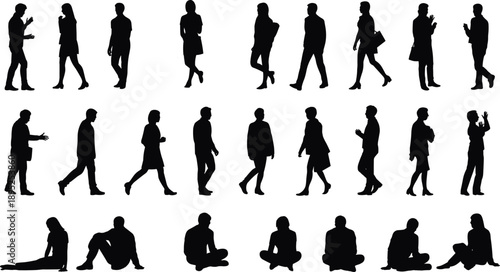 Business people silhouettes set showing men and women walking, standing, sitting and gesturing, professional lifestyle poses and modern corporate activities isolated on white background