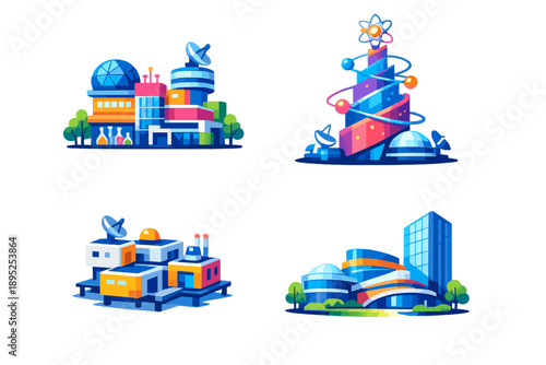 Buildings and structures icon set. Containing architecture, city, construction, skyline, design, urban, residential, commercial, tree, home, factory,