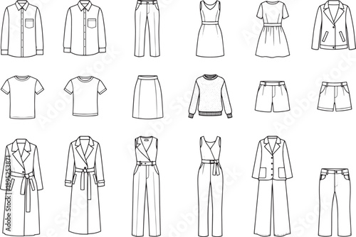 A detailed fashion illustration showcasing a diverse array of apparel essentials, from formal wear to casual everyday attire, all presented with clean lines and focus.