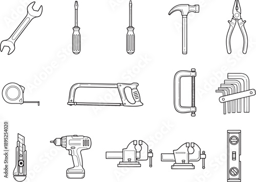 A collection of essential tools for construction, repair, and DIY projects, meticulously illustrated in a clean, uncluttered style. 