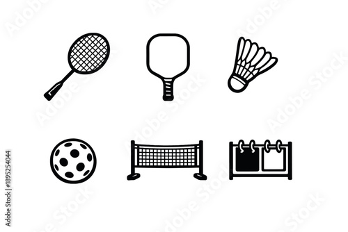 Sports and recreation icon set. Featuring badminton, tennis, paddle, volleyball, exercise, fitness, equipment, ball and more.