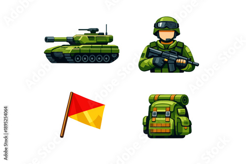 Military and defense icon set. Containing tank, soldier, flag, backpack, gear, weapon, strategy, equipment, and more.