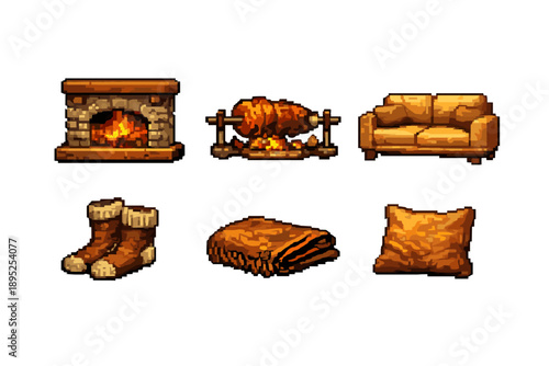 Home and comfort icon set. Featuring fireplace, couch, blanket, boots, pillow, and food.