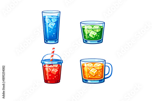 Beverage icon set. Featuring soda, juice, water, cocktail, iced tea, smoothie, punch, lemonade, and more.