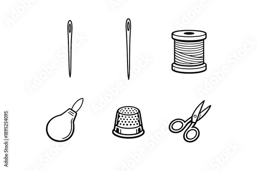 Sewing and crafting icon set. Containing needle, thread, scissors, thimble, bulb, and more.