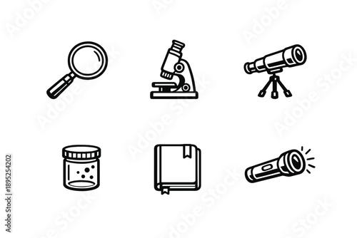 Science and research icon set. Containing magnifying glass, microscope, telescope, jar, book, flashlight and more.