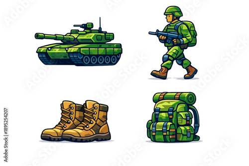 Military and Army Icon Set. Containing tank, soldier, combat, boots, backpack, gear, equipment, weapon, camouflage, tactics, training, force, mission,