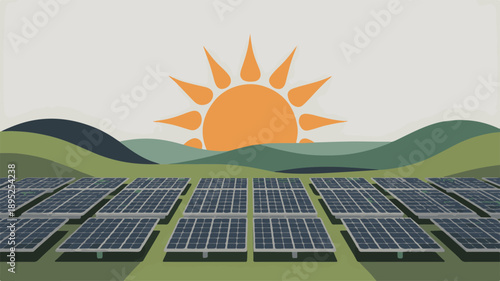 Solar Farm with Sun and Rolling Hills Landscape 3qsmyirsq panels