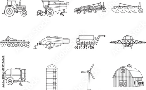 A comprehensive illustration of diverse agricultural machines and structures, showcasing the tools that drive farming.