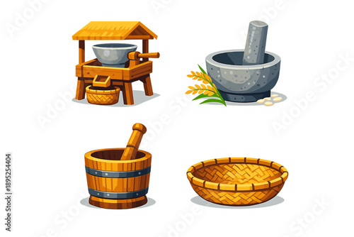 Kitchen Tools Icon Set: Mortar, Pestle, Basket, Grinder, Mill, Mixing, Utensils, Cookware, Wooden, Stone, Containers, Equipment