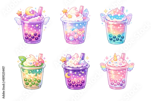 Dessert and beverage icon set. Containing bubble tea, smoothie, ice cream, milkshake, fruit, flavor, toppings, cup, straw, treat.