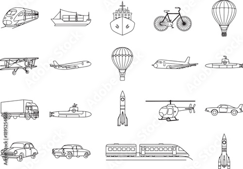 Diverse array of transport modes rendered in a striking line art, showcasing a multitude of vehicles and methods of movement.