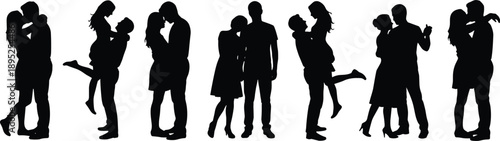 Romantic couple silhouettes set, hugging and kissing poses, black and white love relationship vector illustration collection