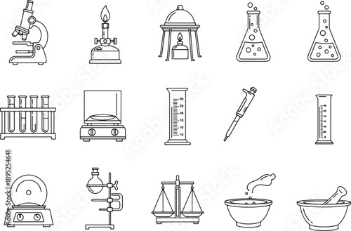 A comprehensive set of meticulously illustrated laboratory tools and equipment, essential elements of scientific experimentation and analysis.