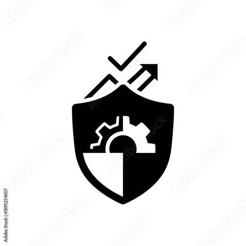 Cybersecurity shield with gear and growth arrows.