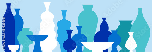 Ceramic vase shapes abstract banner, pottery silhouettes in blue tones. Simplicity vector illustration, isolated.