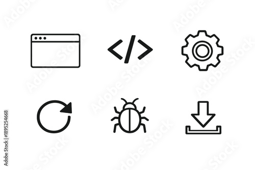 Web Development Icons Set: Browser, Code, Settings, Refresh, Bug, Download