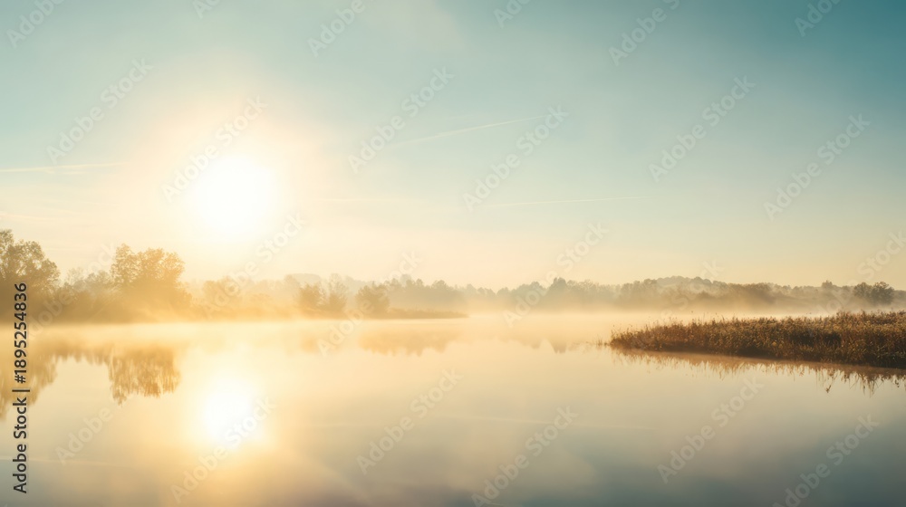 Obraz premium follicle. Morning mist rising from a serene lake at sunrise with soft golden light. travel magazines, destination branding, designed for travel destination branding, used by event planners. 