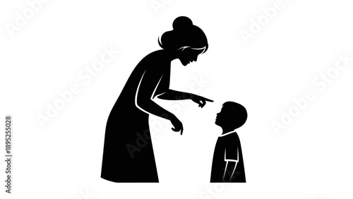 Woman Pointing Finger at Small Child Silhouette.