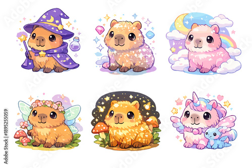 Fantasy Animals Icon Set: Capybara, Unicorn, Fairy, Wizard, Rainbow, Gem, Cloud, Star