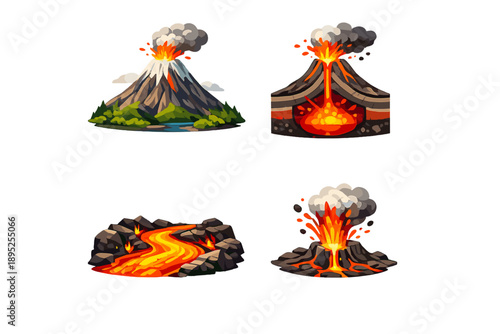 Volcano and eruption icon set. Including magma, lava, ash, eruption, mountain, smoke, crater, tectonic, geology, and more.