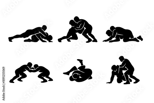 Wrestling Icon Set. Containing athlete, grapple, match, move, strength, sport, competition, training, technique, champion, team, victory, defense,