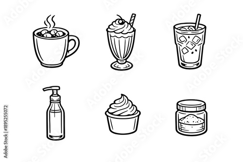 Beverage and dessert icon set. Containing coffee, milkshake, soda, whipped cream, cupcake, sugar, and more.
