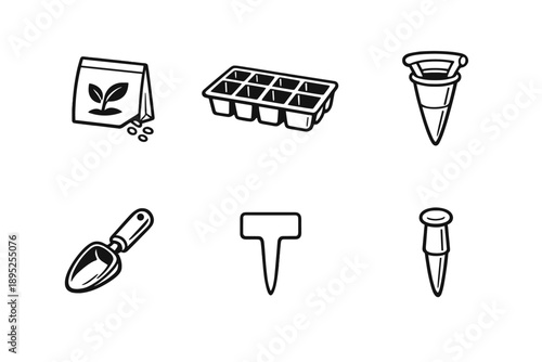 Gardening Tools Icon Set. Containing seed, pot, funnel, trowel, marker, and more.