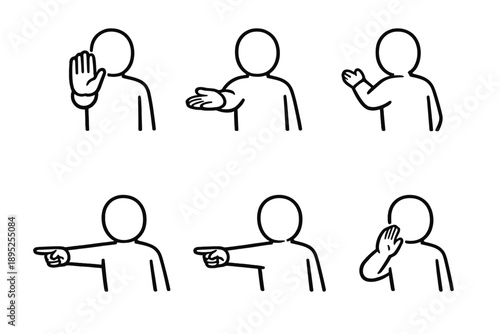 Gesture and communication icons set. Including stop, welcome, wave, point, hush, and beckon.