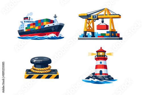 Transportation and shipping icon set. Featuring cargo, ship, crane, harbor, lighthouse, dock, freight, container, marine, port.